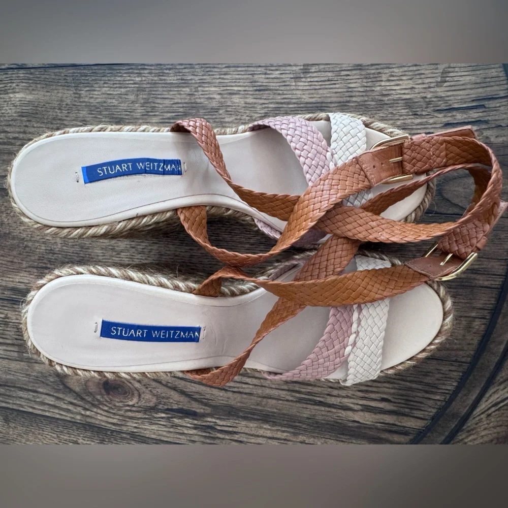 Stuart Weitzman Elsie Wedge Sandal SZ 8 Beige Combo Woven